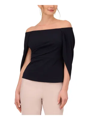 ADRIANNA PAPELL Womens Navy Zippered Cape Sleeve Off Shoulder Evening Top