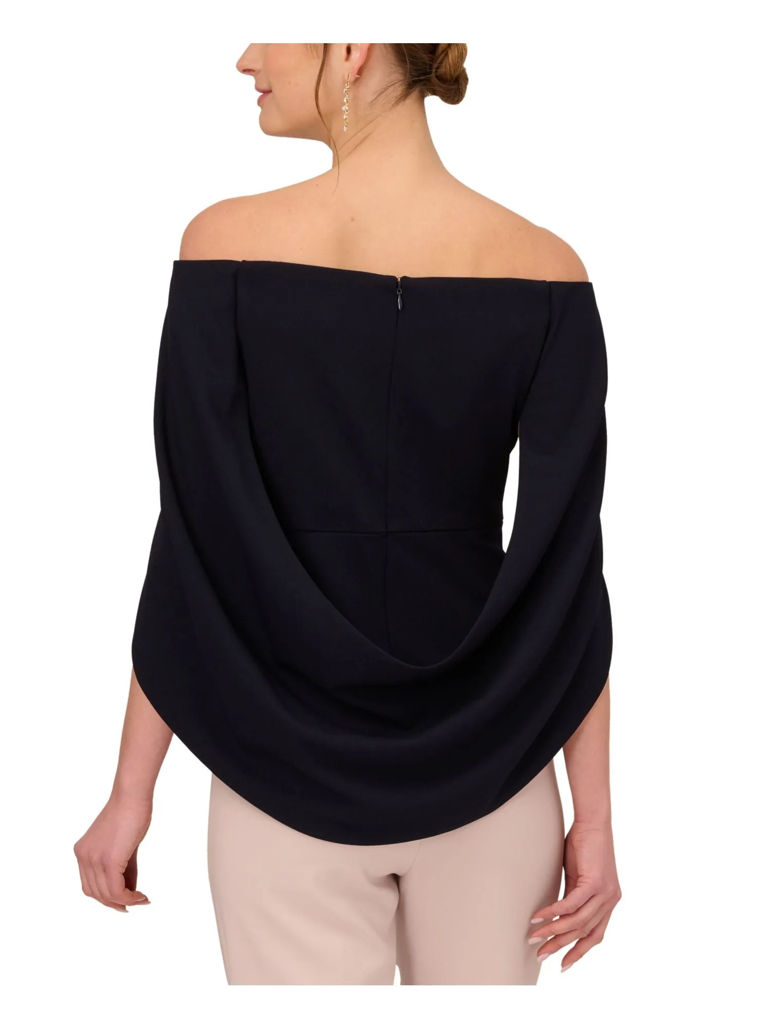 ADRIANNA PAPELL Womens Navy Zippered Cape Sleeve Off Shoulder Evening Top