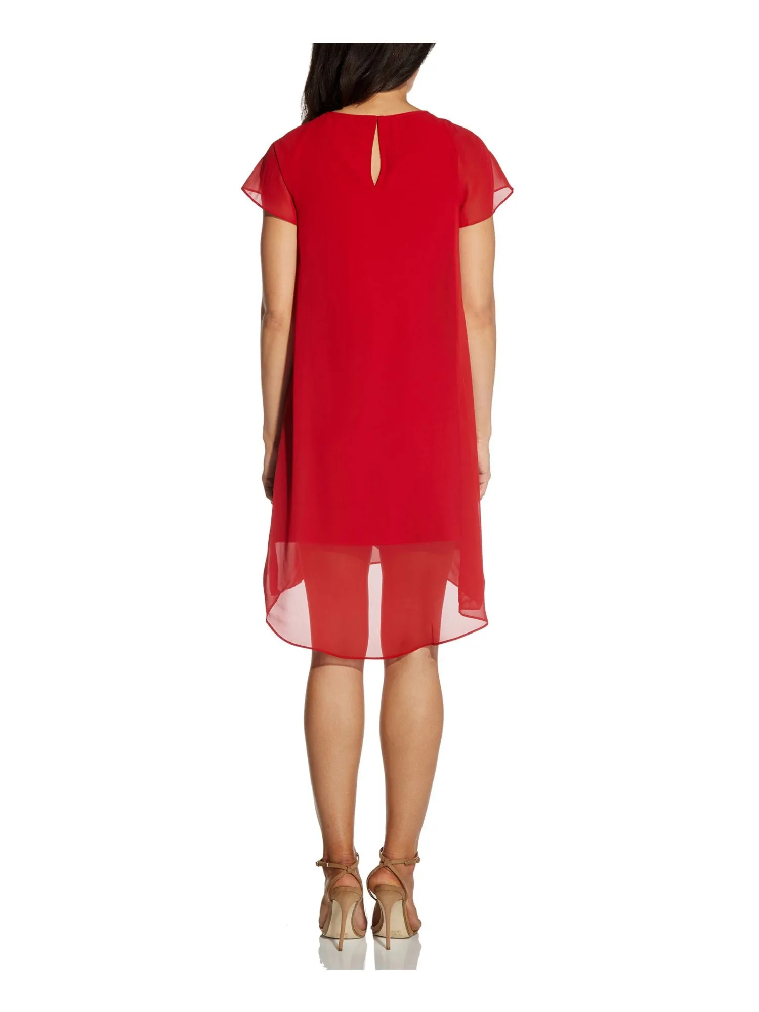 ADRIANNA PAPELL Womens Sheer Flutter Sleeve Crew Neck Above The Knee Hi-Lo Dress