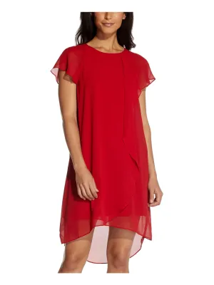 ADRIANNA PAPELL Womens Sheer Flutter Sleeve Crew Neck Above The Knee Hi-Lo Dress