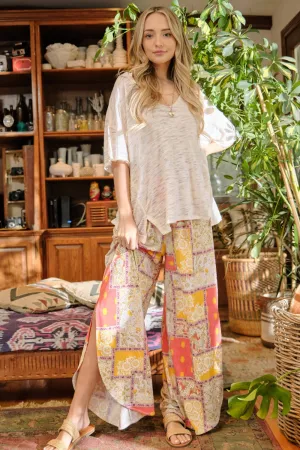And The Why Multicolor Boho Smocked Waist Slit Hem Wide Leg Pants