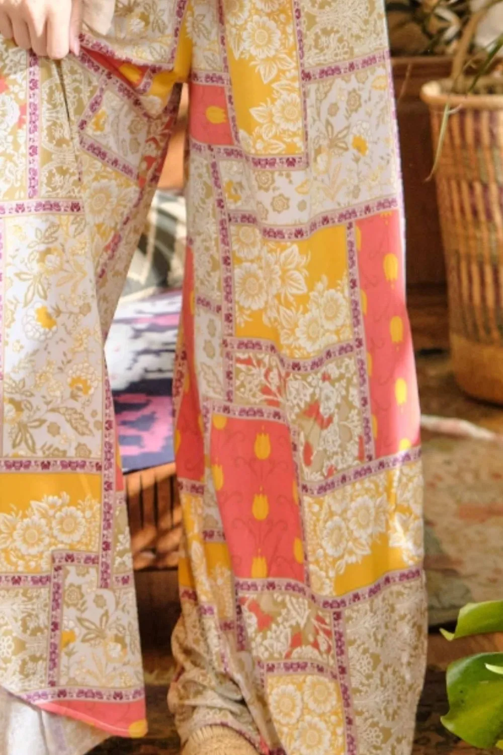 And The Why Multicolor Boho Smocked Waist Slit Hem Wide Leg Pants