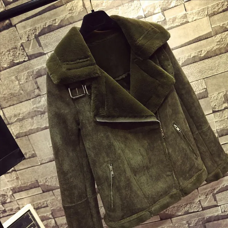 Army Green 2017 Winter Women Short Faux Lambs Wool Sheepskin Coat Warm Shearling Coats Warm Faux Suede Leather Jackets H117