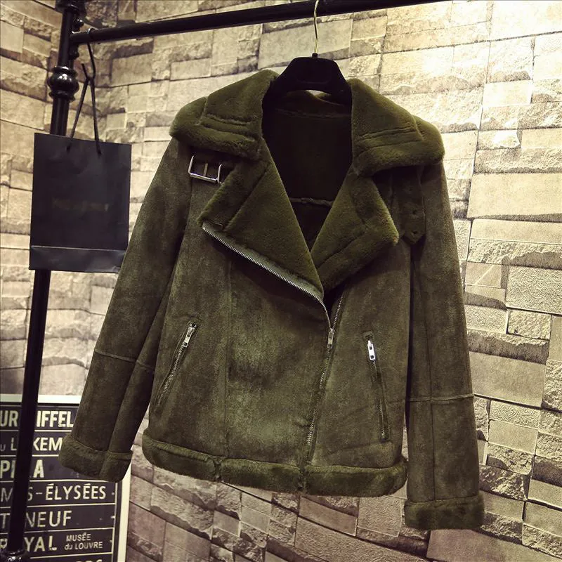 Army Green 2017 Winter Women Short Faux Lambs Wool Sheepskin Coat Warm Shearling Coats Warm Faux Suede Leather Jackets H117