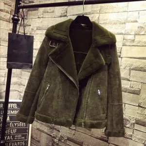 Army Green 2017 Winter Women Short Faux Lambs Wool Sheepskin Coat Warm Shearling Coats Warm Faux Suede Leather Jackets H117