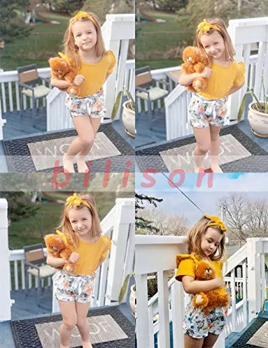 bilison Toddler Baby Girl Summer Clothes Outfits, Bow Halter Crop Tops   Ruffle Flower Short Pants with Cute Headband