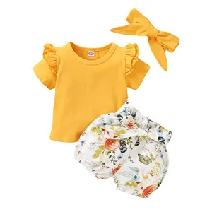 bilison Toddler Baby Girl Summer Clothes Outfits, Bow Halter Crop Tops   Ruffle Flower Short Pants with Cute Headband