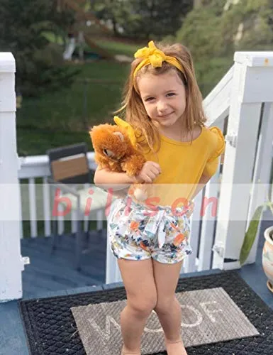 bilison Toddler Baby Girl Summer Clothes Outfits, Bow Halter Crop Tops   Ruffle Flower Short Pants with Cute Headband
