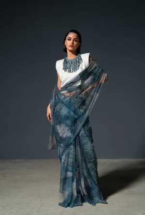 Blue Denim Print Saree