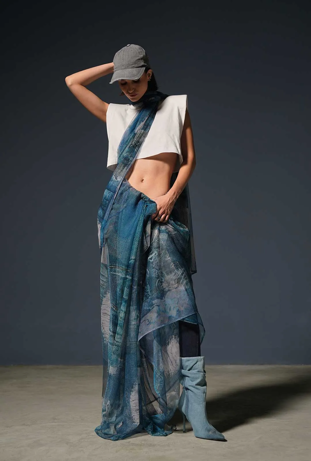 Blue Denim Print Saree