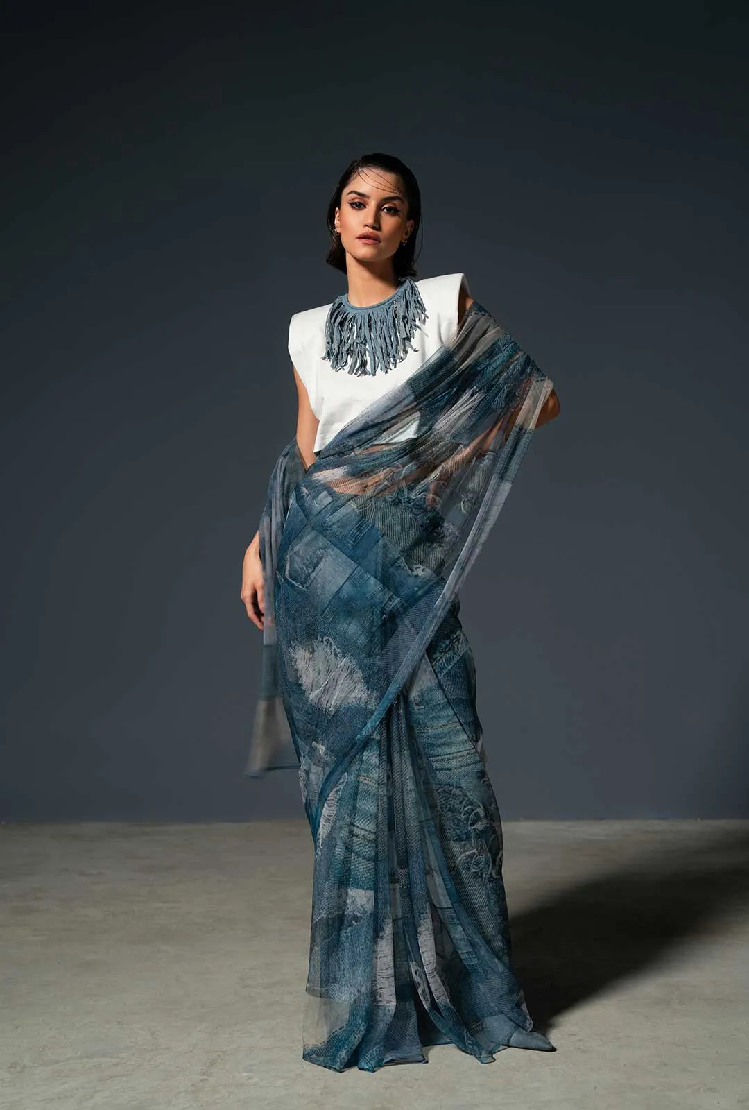 Blue Denim Print Saree