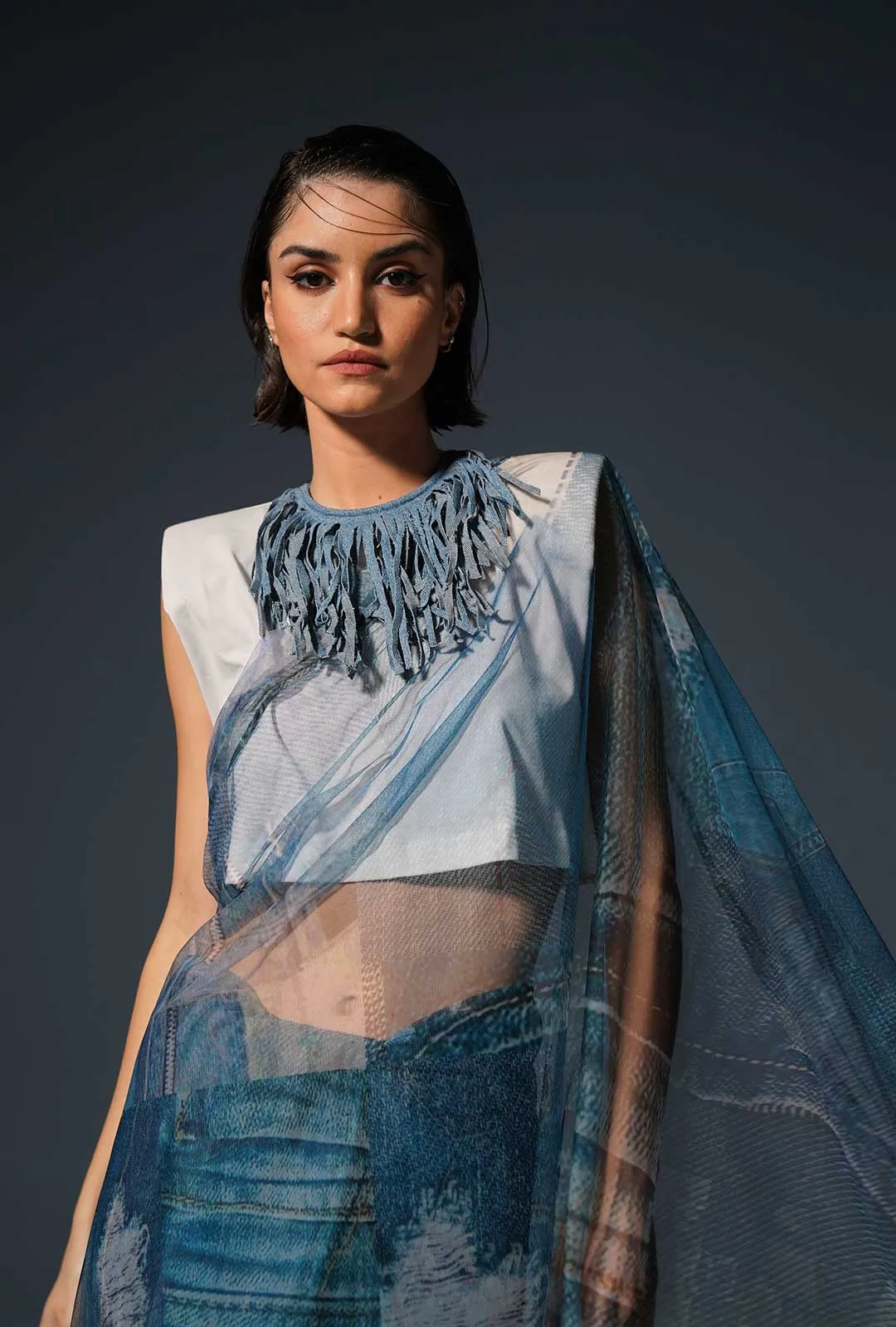 Blue Denim Print Saree