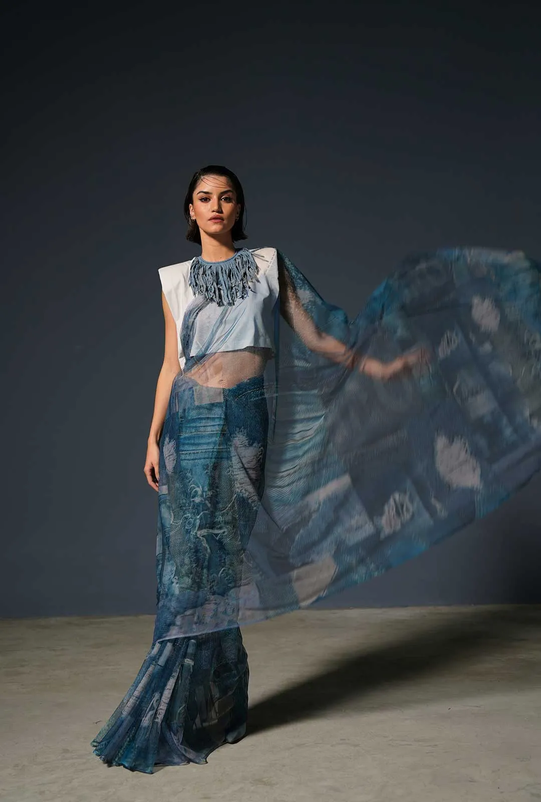 Blue Denim Print Saree