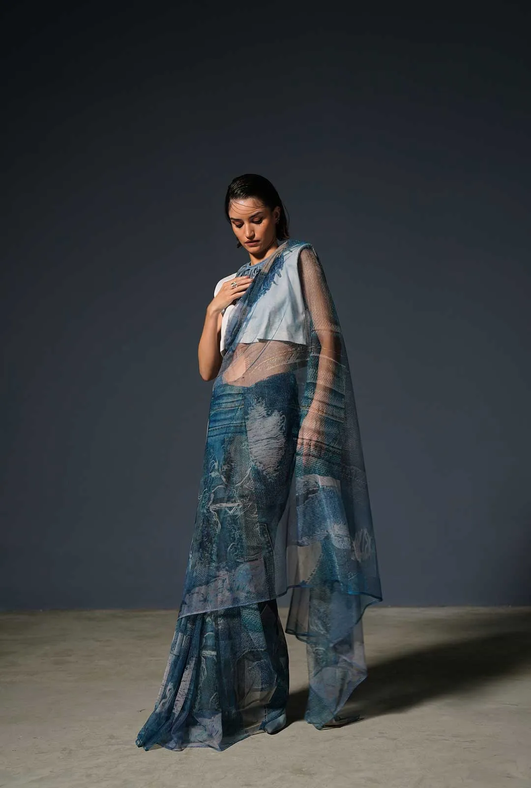 Blue Denim Print Saree