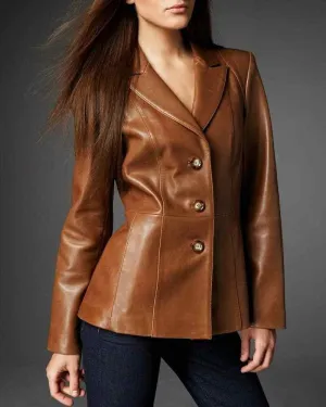 Brown 100% Real Leather Korean Style Slim Fit Women's Blazer