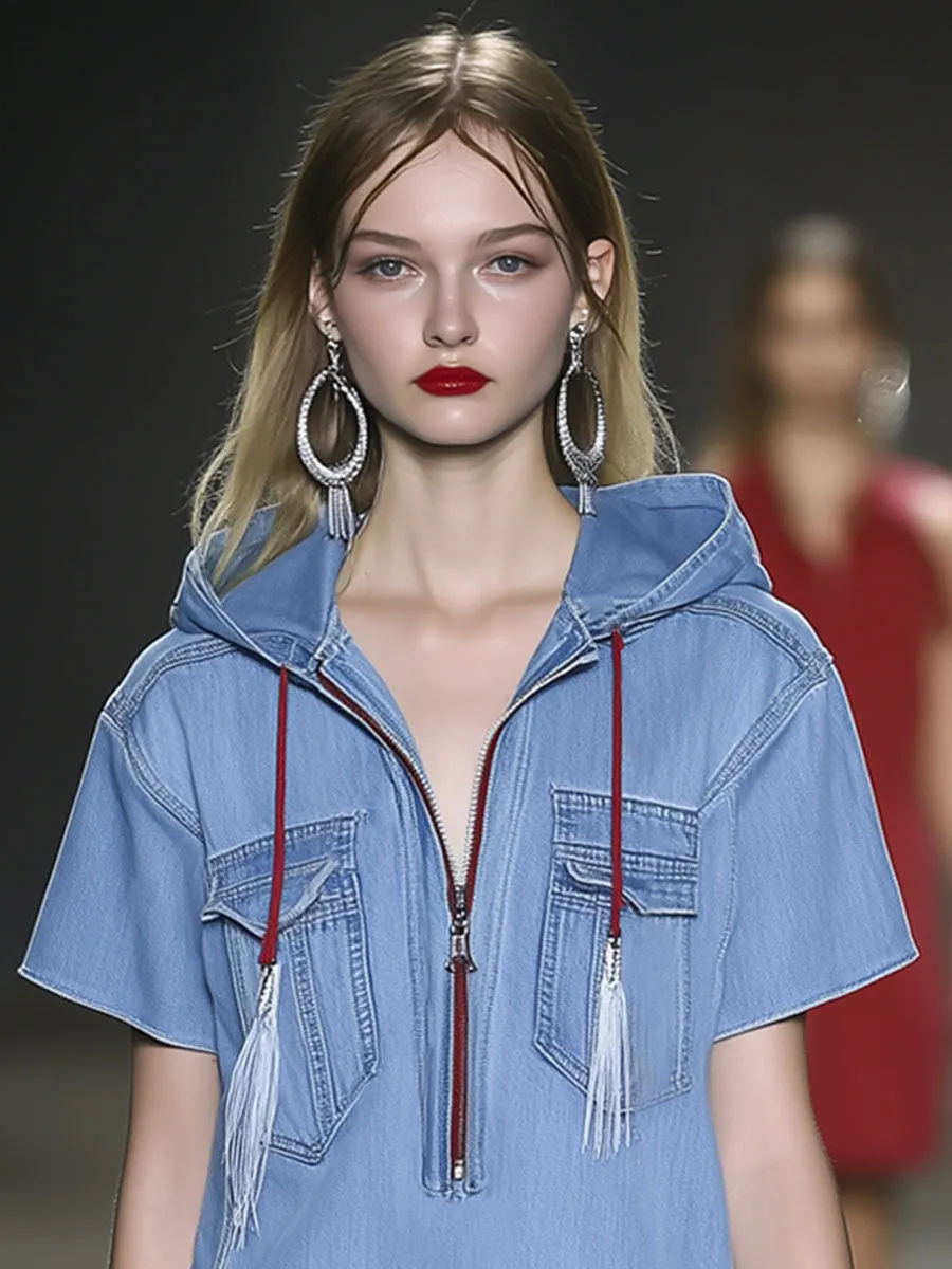 Casual Vintage Blue Denim Short Sleeve Zipper Tassel Hooded Mini Dress