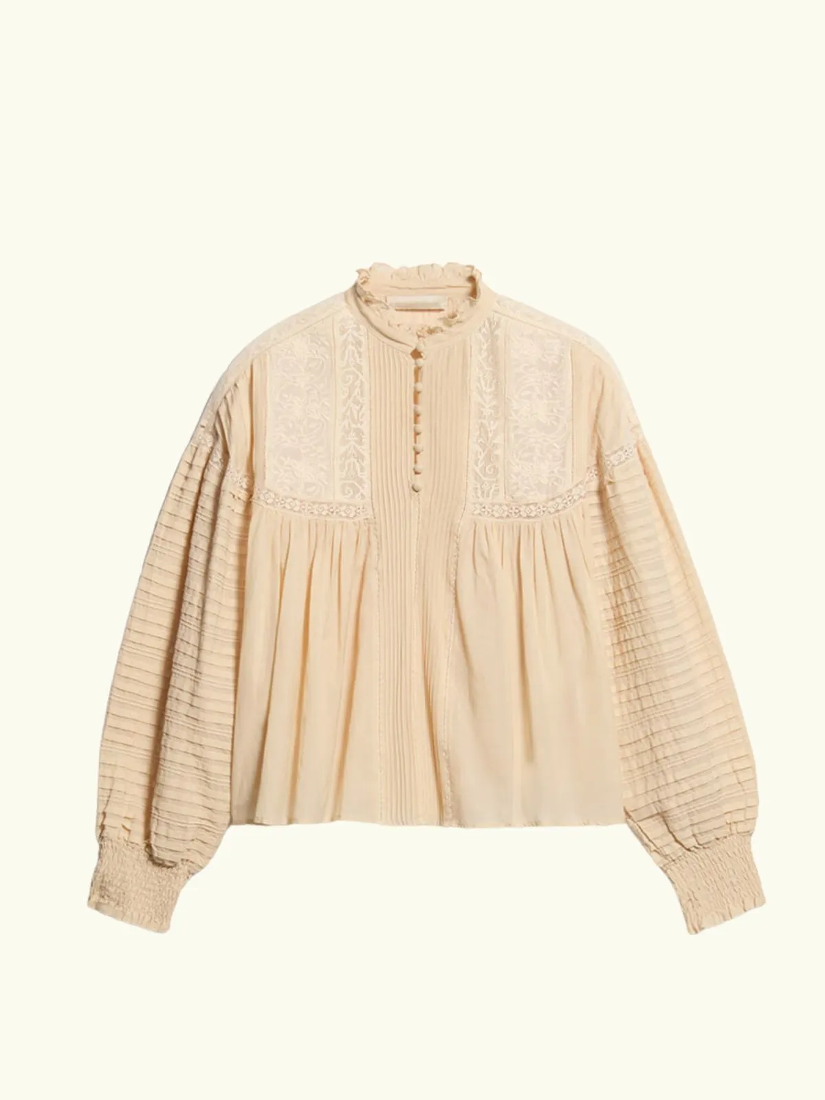 Dahlia High Neck Embroidered Blouse - Beige