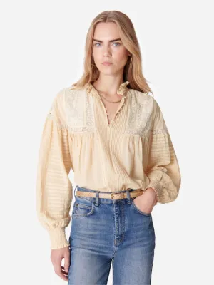 Dahlia High Neck Embroidered Blouse - Beige