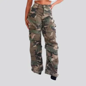 Fashionable cargo pockets denim pants for women