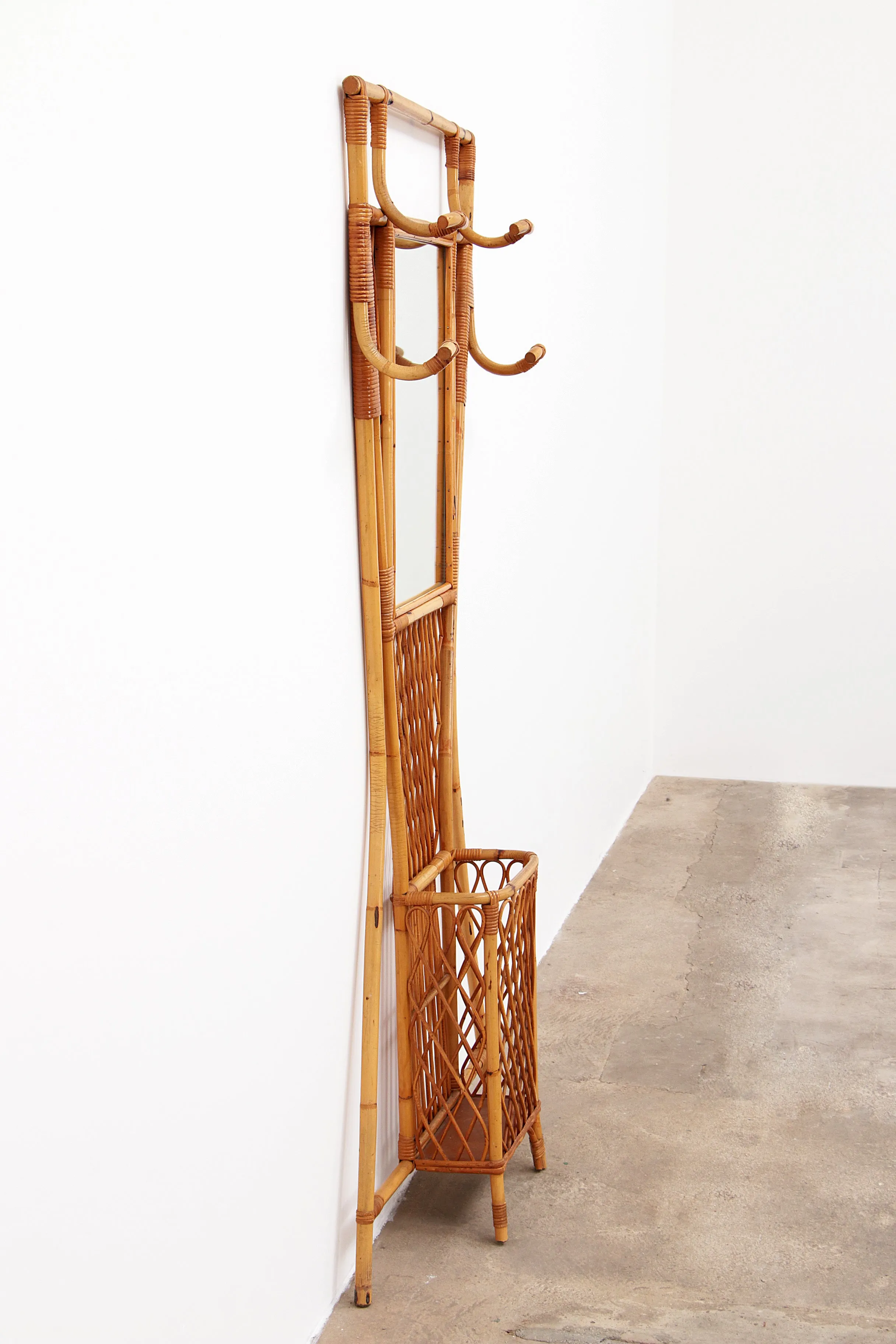 French Bamboo Wall Coat Rack with Large Mirror, 1960