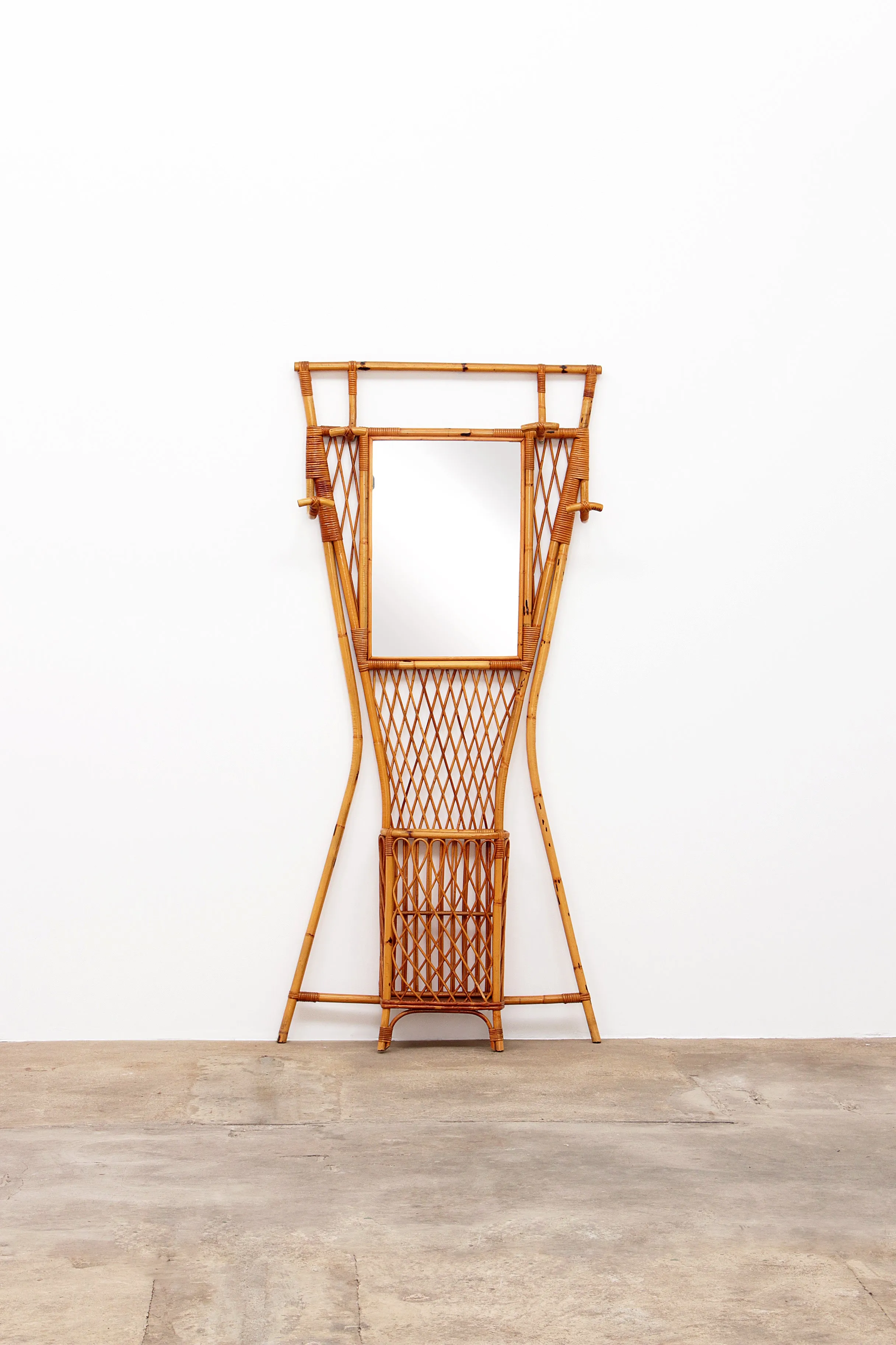 French Bamboo Wall Coat Rack with Large Mirror, 1960