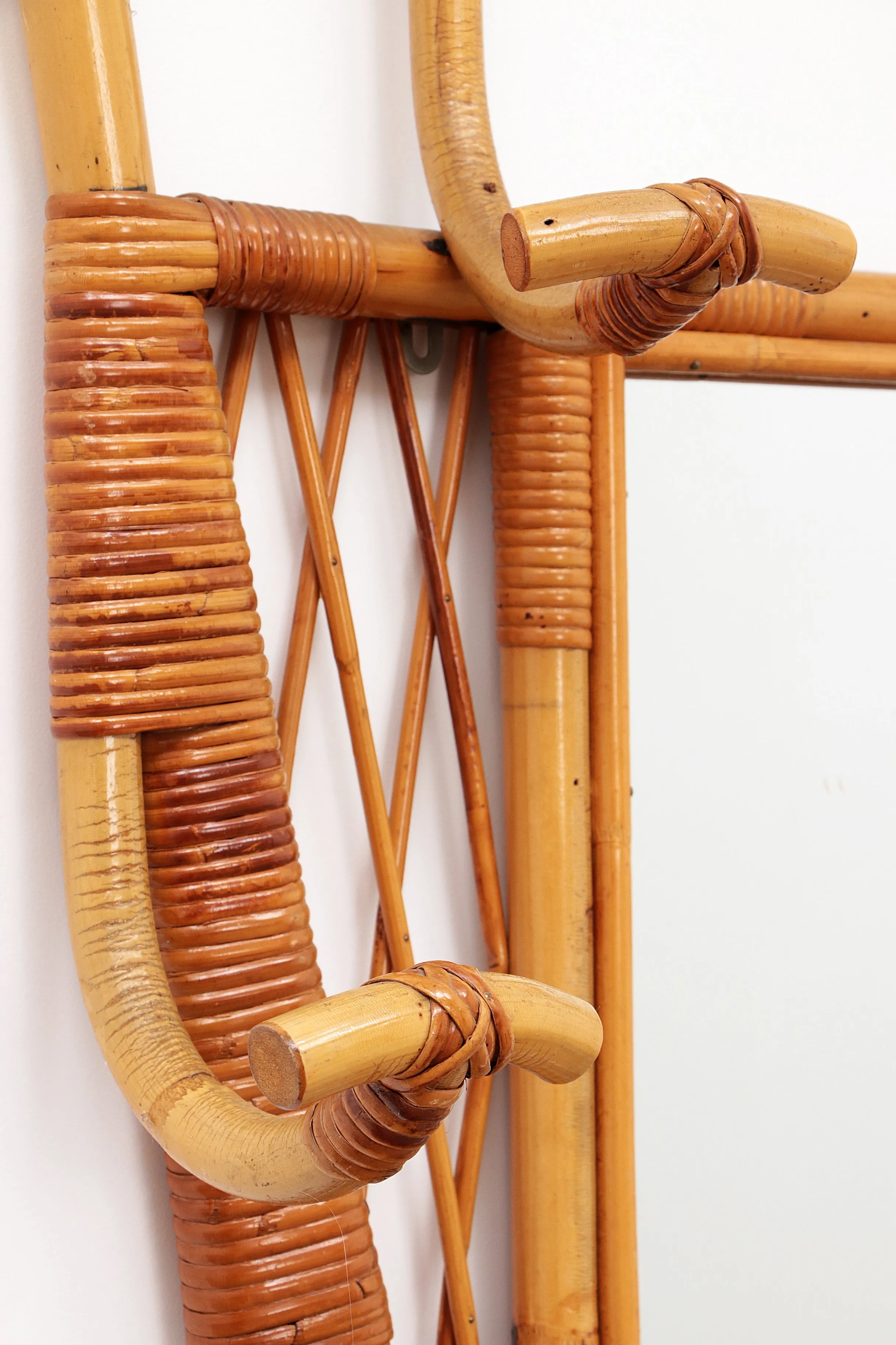 French Bamboo Wall Coat Rack with Large Mirror, 1960