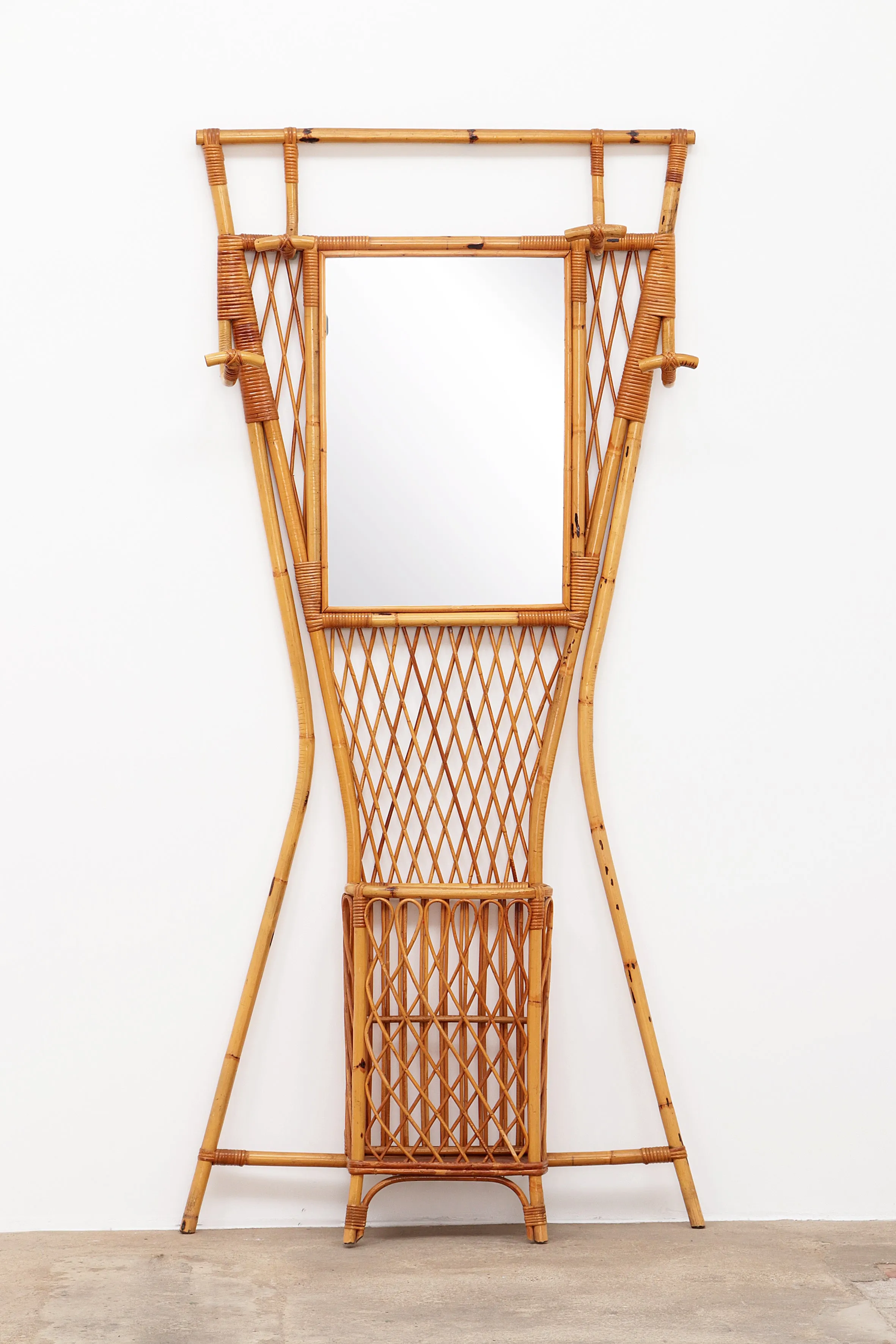 French Bamboo Wall Coat Rack with Large Mirror, 1960