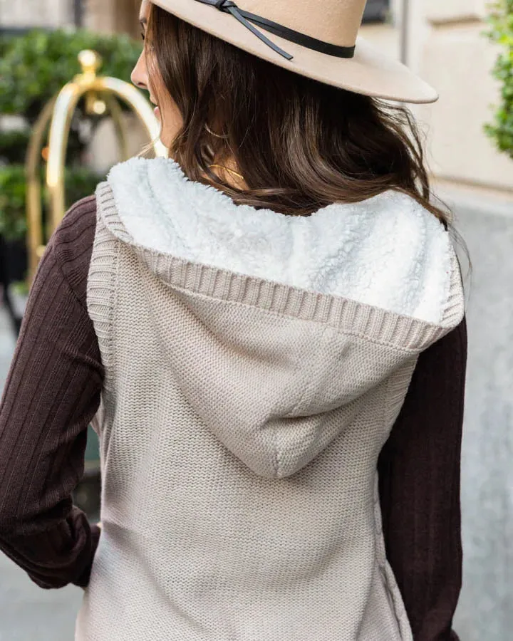Hooded cable knit vest in oatmeal