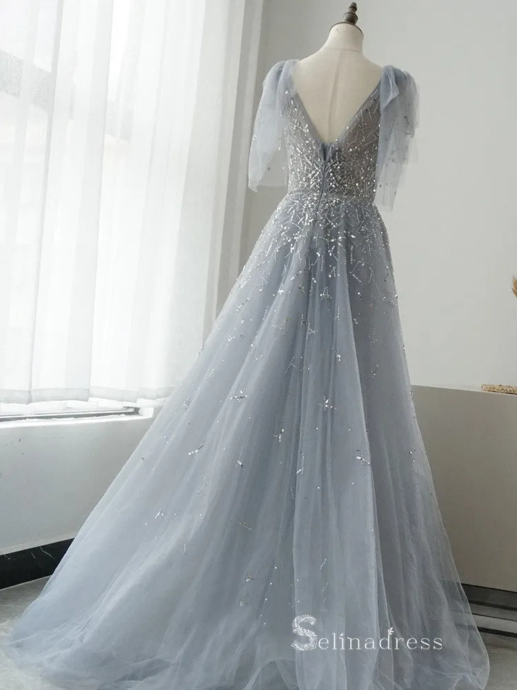 luxury A-line V neck Short Sleeve Silver Long Prom Dress Beaded Evening Dress MLH0473