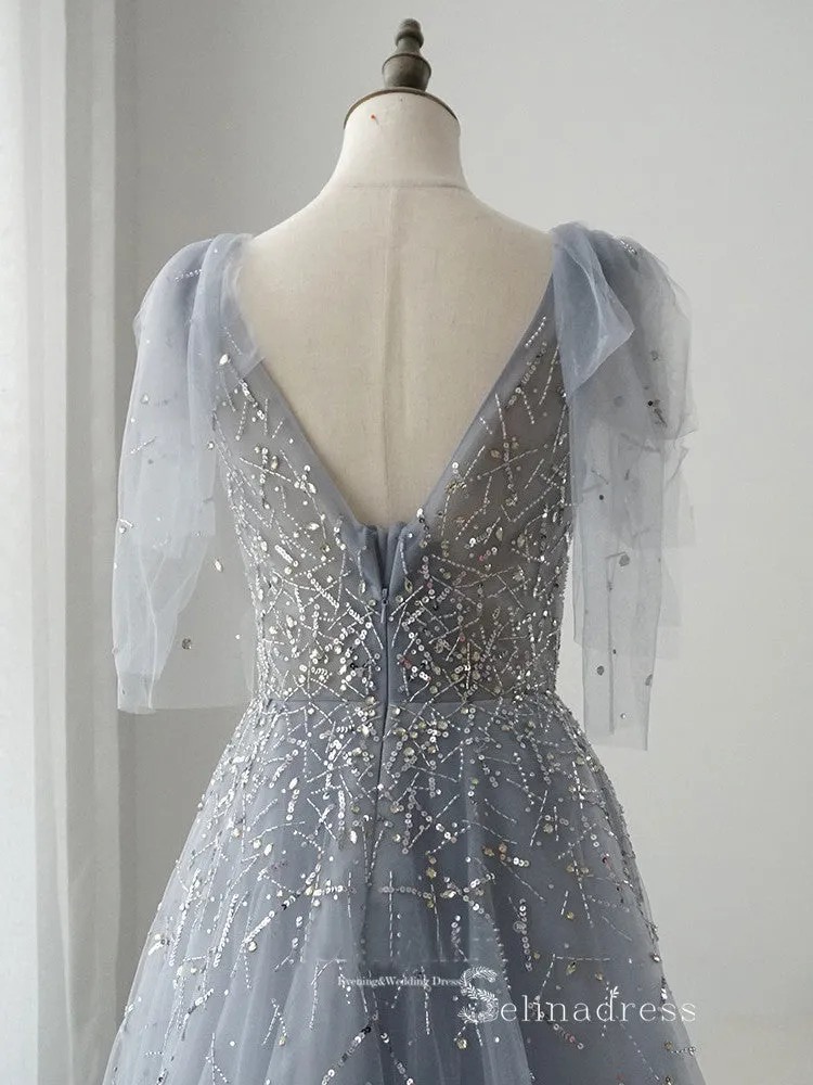 luxury A-line V neck Short Sleeve Silver Long Prom Dress Beaded Evening Dress MLH0473