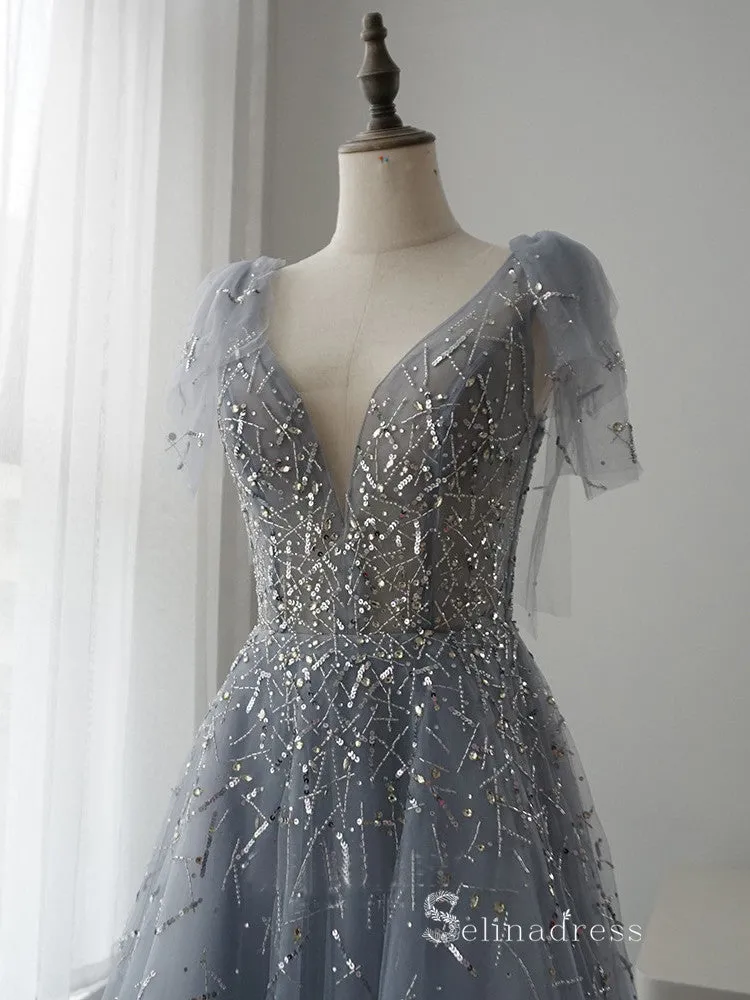 luxury A-line V neck Short Sleeve Silver Long Prom Dress Beaded Evening Dress MLH0473