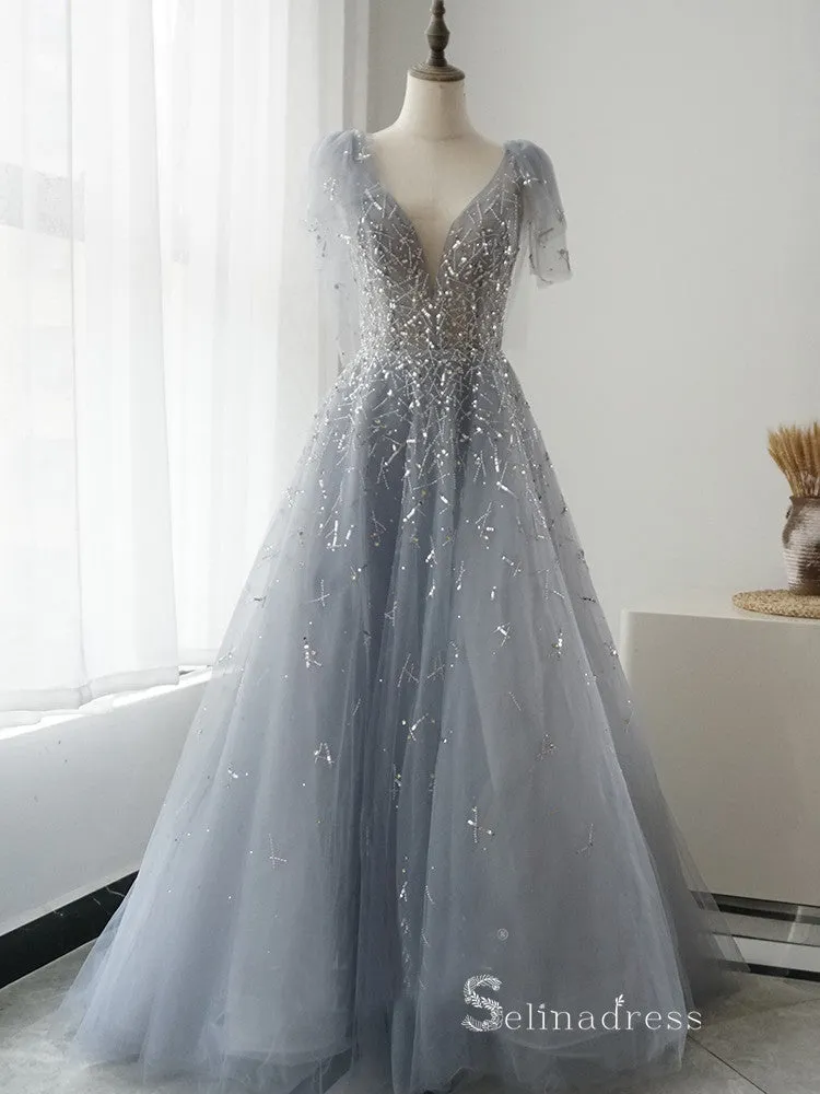 luxury A-line V neck Short Sleeve Silver Long Prom Dress Beaded Evening Dress MLH0473