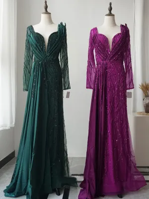 Luxury V neck Long Prom Dresses Gorgeous Full Beaded Long Evening Gown Formal Dresses FUE005