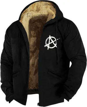 Men's Solid Color Flag Print Fleece Jacket Winter Casual Trend Zipper Hooded Coat Heavy Work Warm Outerwear