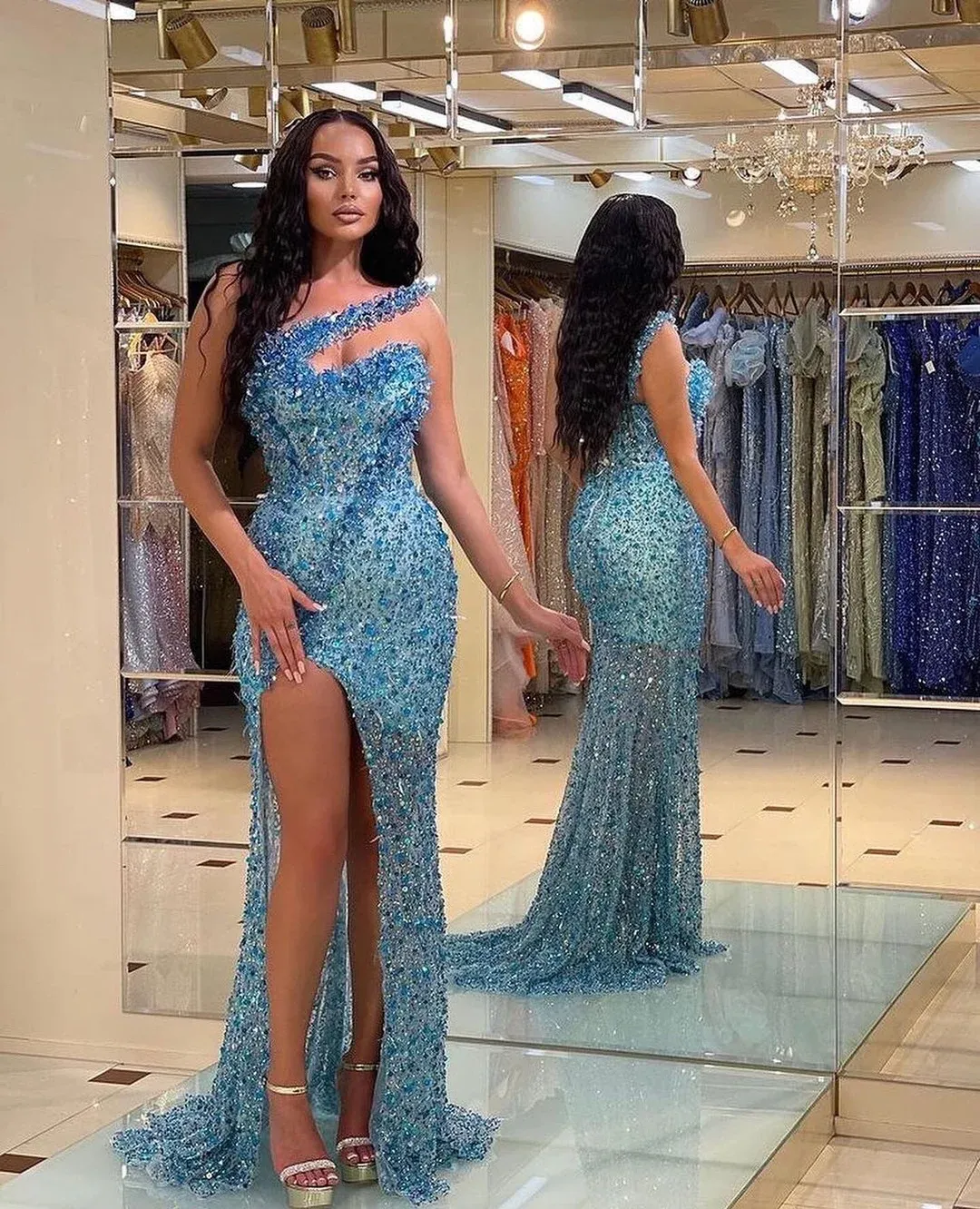 Mermaid One Shoulder Blue African Prom Dress Beaded Long Evening Gowns Formal Dress #POL033