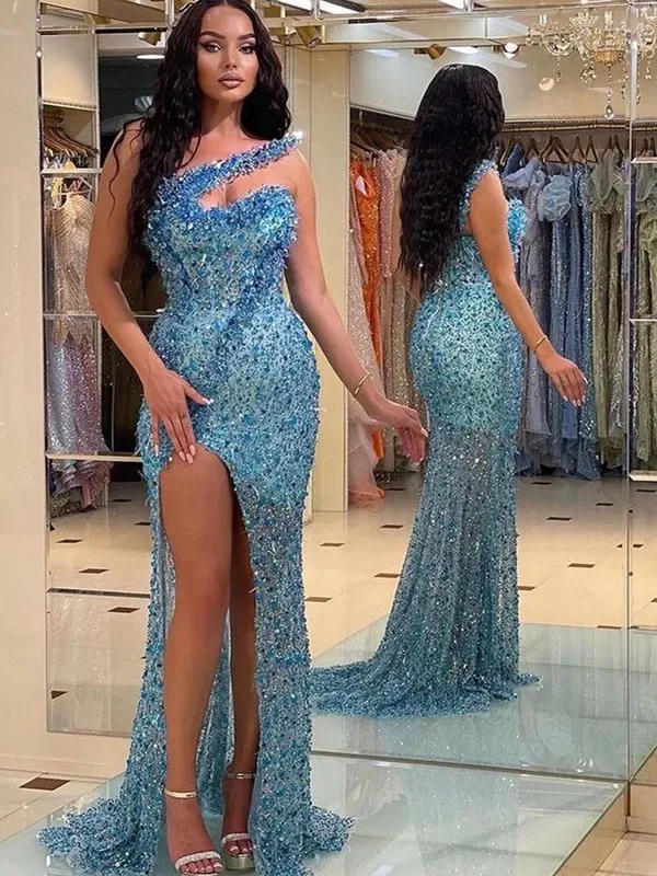 Mermaid One Shoulder Blue African Prom Dress Beaded Long Evening Gowns Formal Dress #POL033