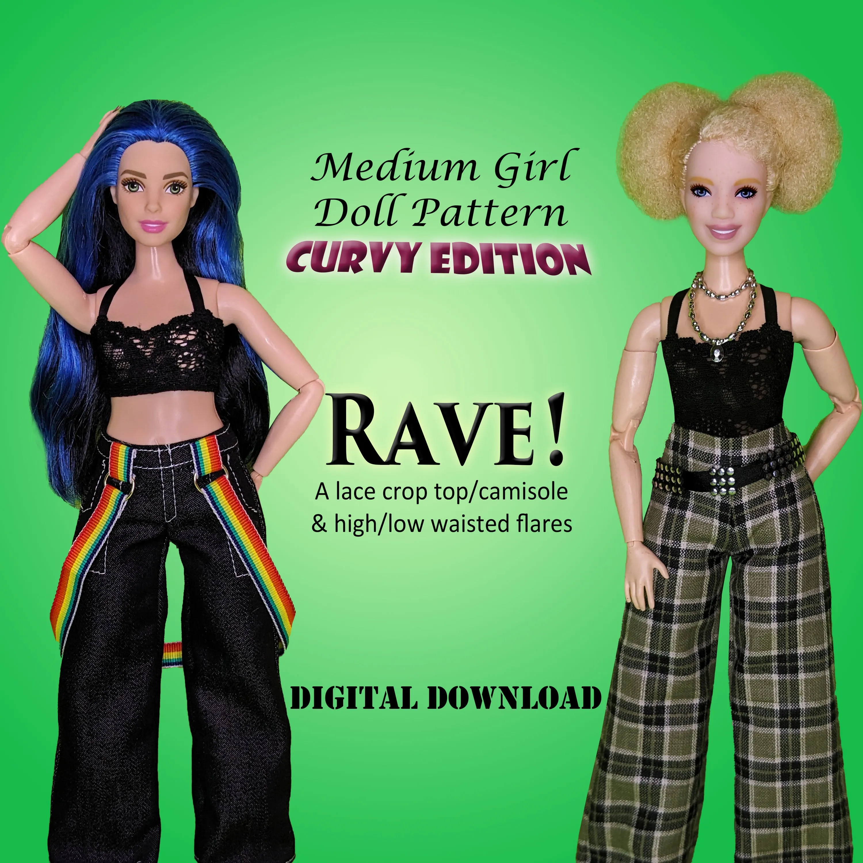 MGC RAVE! 11.5" Curvy Fashion Doll - Crop top camisole and wide leg flare jeans or pants - Downloadable RAD Doll Clothes PDF Sewing Pattern