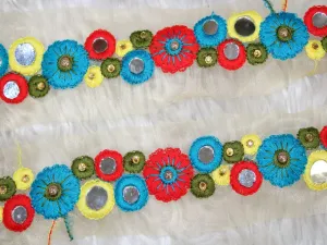 Red Blue Multicolour Thread and Mirror Work Embroidered Border