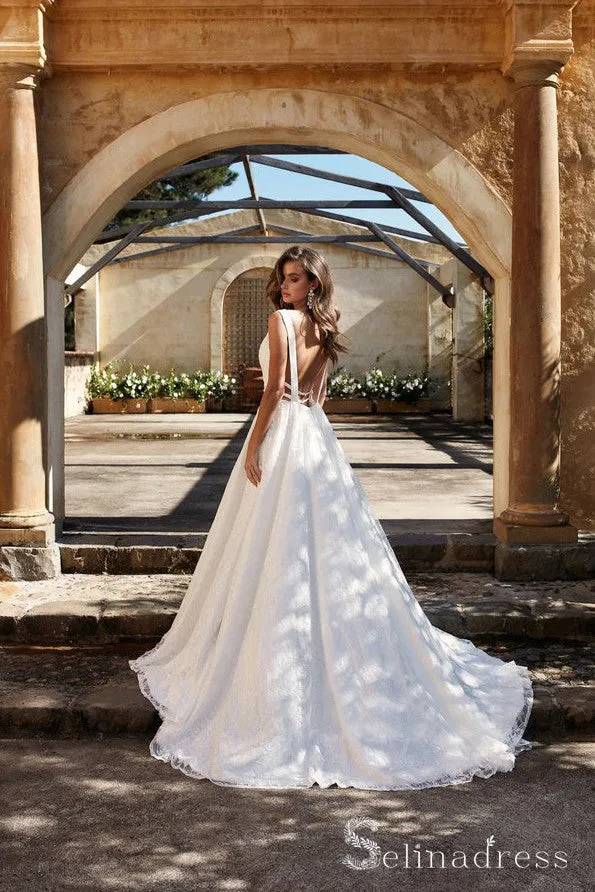Rustic Lace Wedding Dress V neck Backless Wedding Dress SEW016