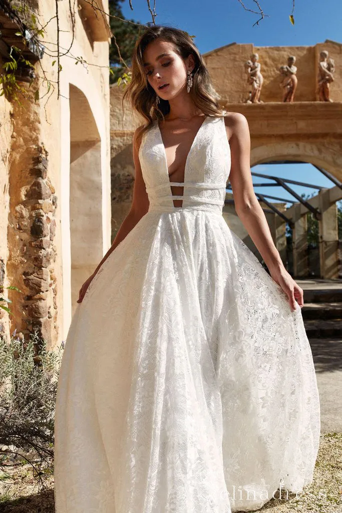 Rustic Lace Wedding Dress V neck Backless Wedding Dress SEW016
