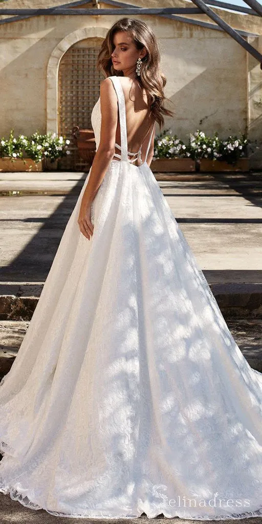 Rustic Lace Wedding Dress V neck Backless Wedding Dress SEW016
