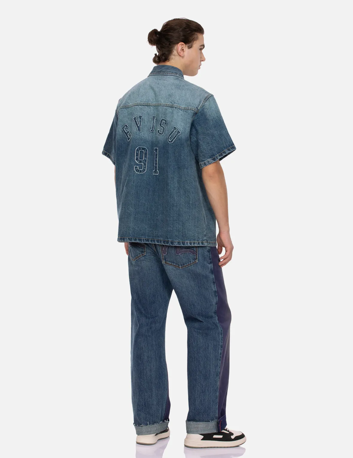 Seagull and Logo Appliqué Embroidery Boxy Denim Short-Sleeves Shirt
