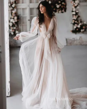 See through Lantern Sleeve Backless Court Train Wedding Dress Bridal Gown SEW028