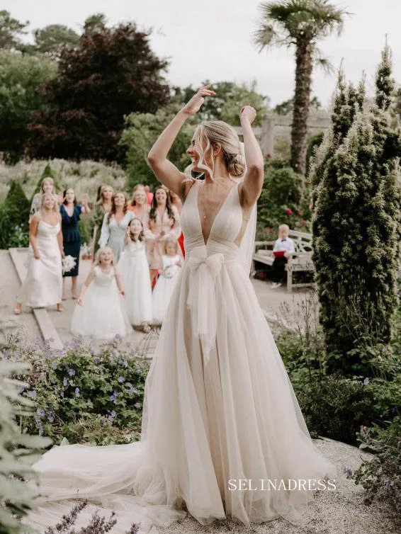 See through Lantern Sleeve Backless Court Train Wedding Dress Bridal Gown SEW028