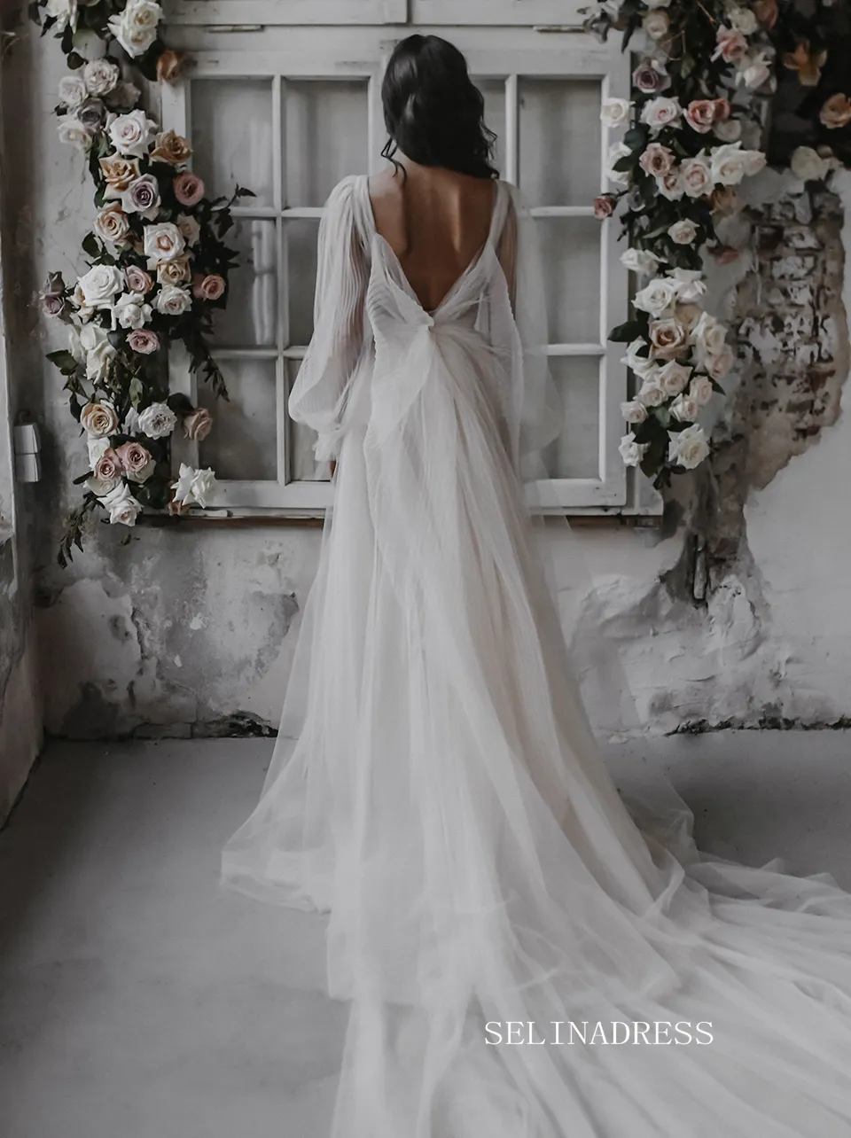 See through Lantern Sleeve Backless Court Train Wedding Dress Bridal Gown SEW028