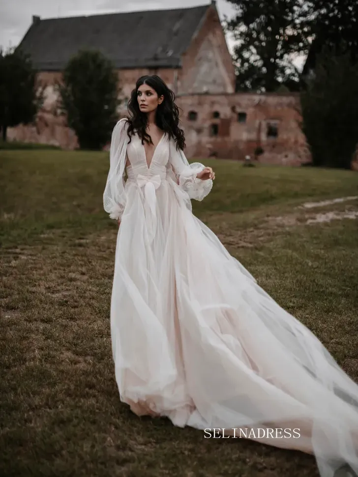 See through Lantern Sleeve Backless Court Train Wedding Dress Bridal Gown SEW028