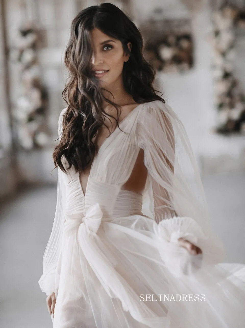 See through Lantern Sleeve Backless Court Train Wedding Dress Bridal Gown SEW028
