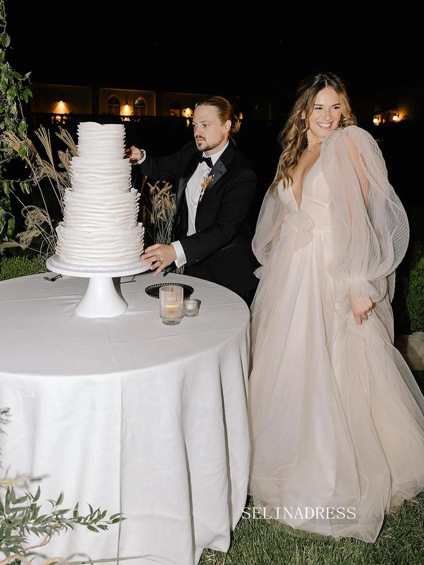 See through Lantern Sleeve Backless Court Train Wedding Dress Bridal Gown SEW028