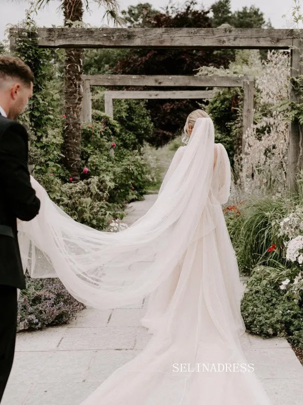 See through Lantern Sleeve Backless Court Train Wedding Dress Bridal Gown SEW028