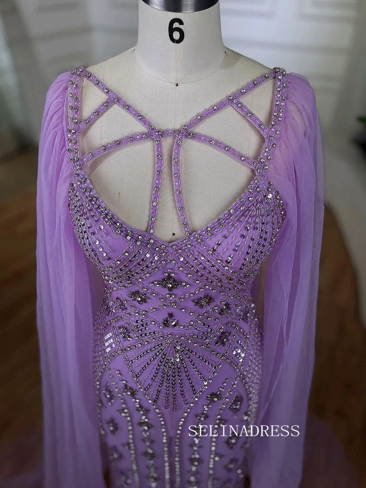 Sheath/Column V Neck lilac Beaded Prom Dresses Luxury Evening Gowns LA72186